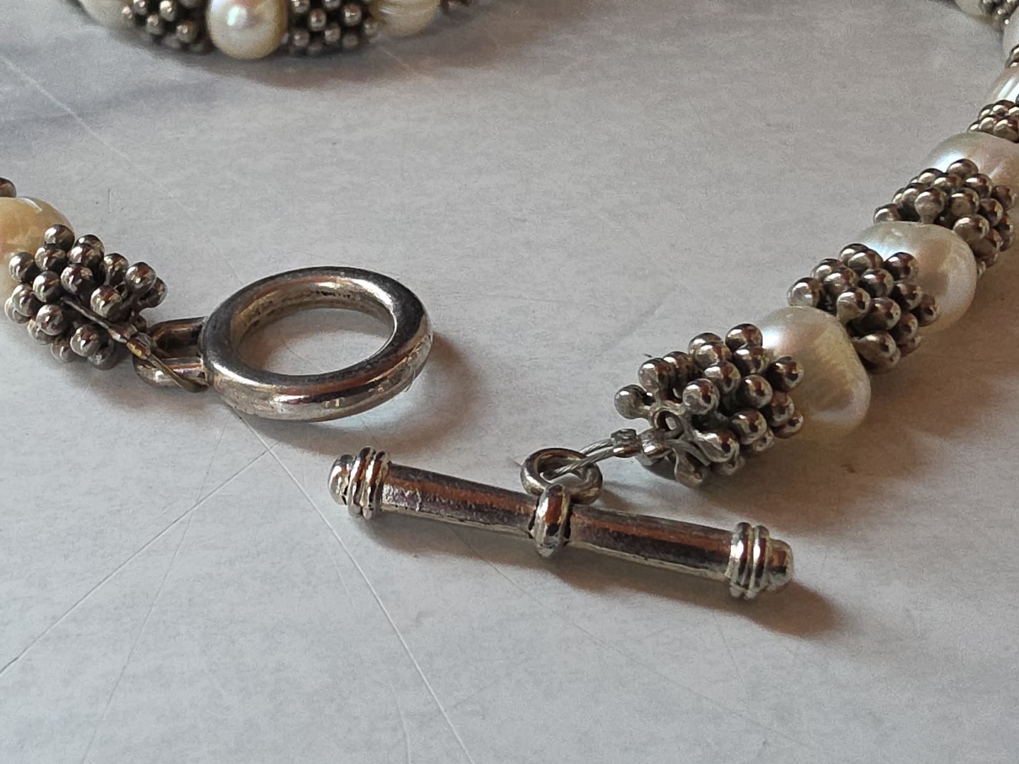 Real Pearl Silver Tone Metal Beaded Necklace Toggle Closure Vintage