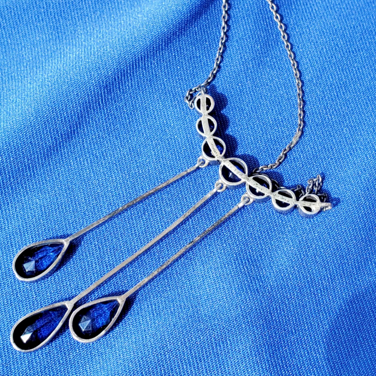Original STERLING SILVER 925 Deco Modernist Rare Necklace Vintage Sapphire Paste