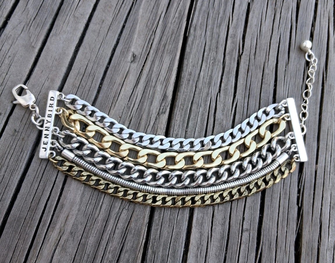 Jenny Bird Multi Chain Silver Gold Bronze Tone Lobster Claw Clasp Bracelet 8.5″
