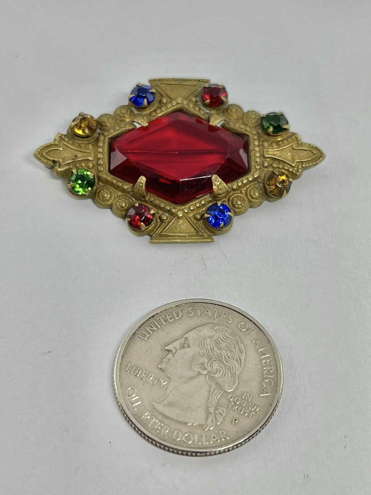 Antique Art Nouveau Red Lozenge Fruit Salad Czech Glass Goldtone Filigree Brooch