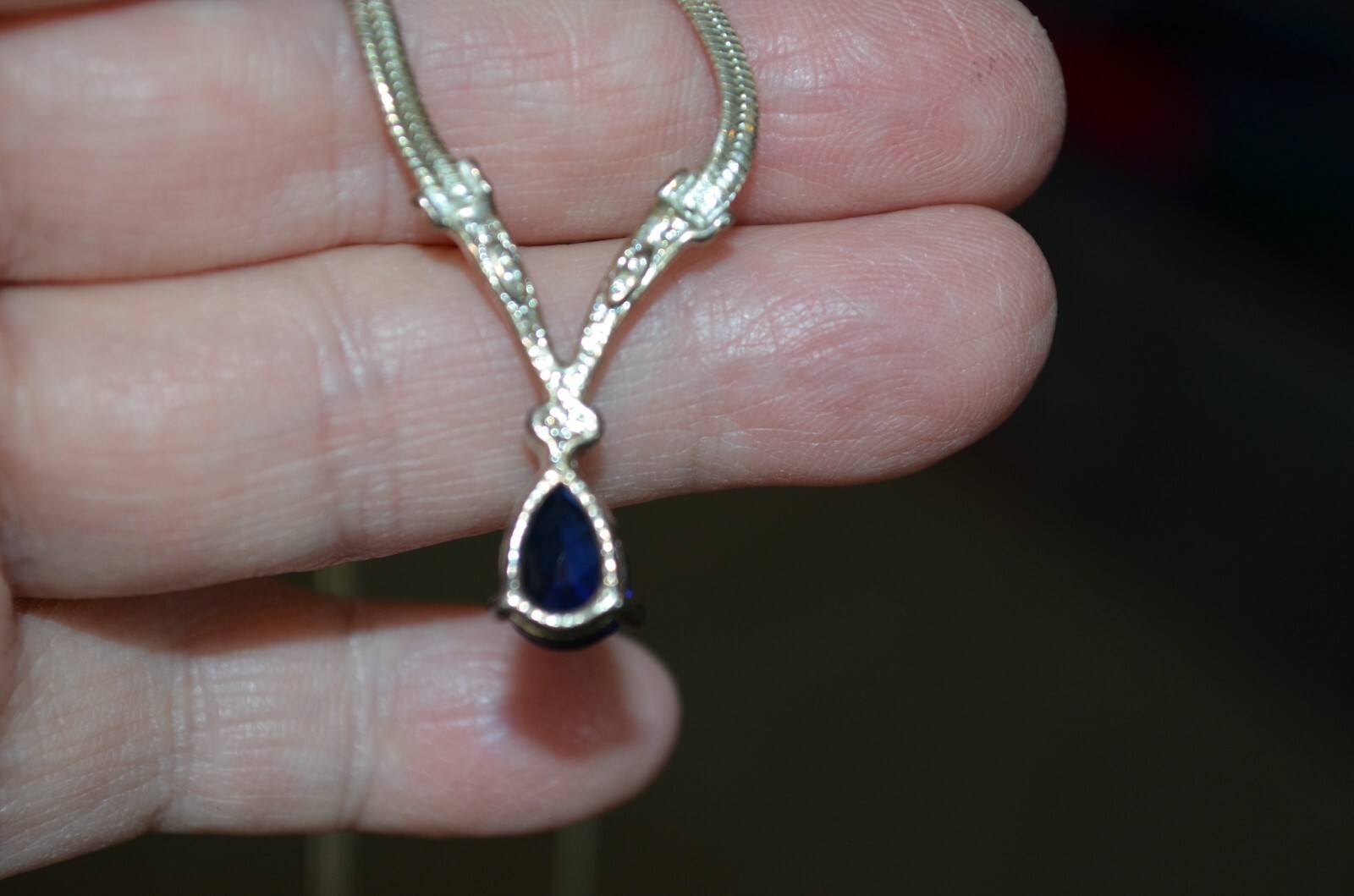 Vintage Necklace With Blue Teardrop Pendant 19″