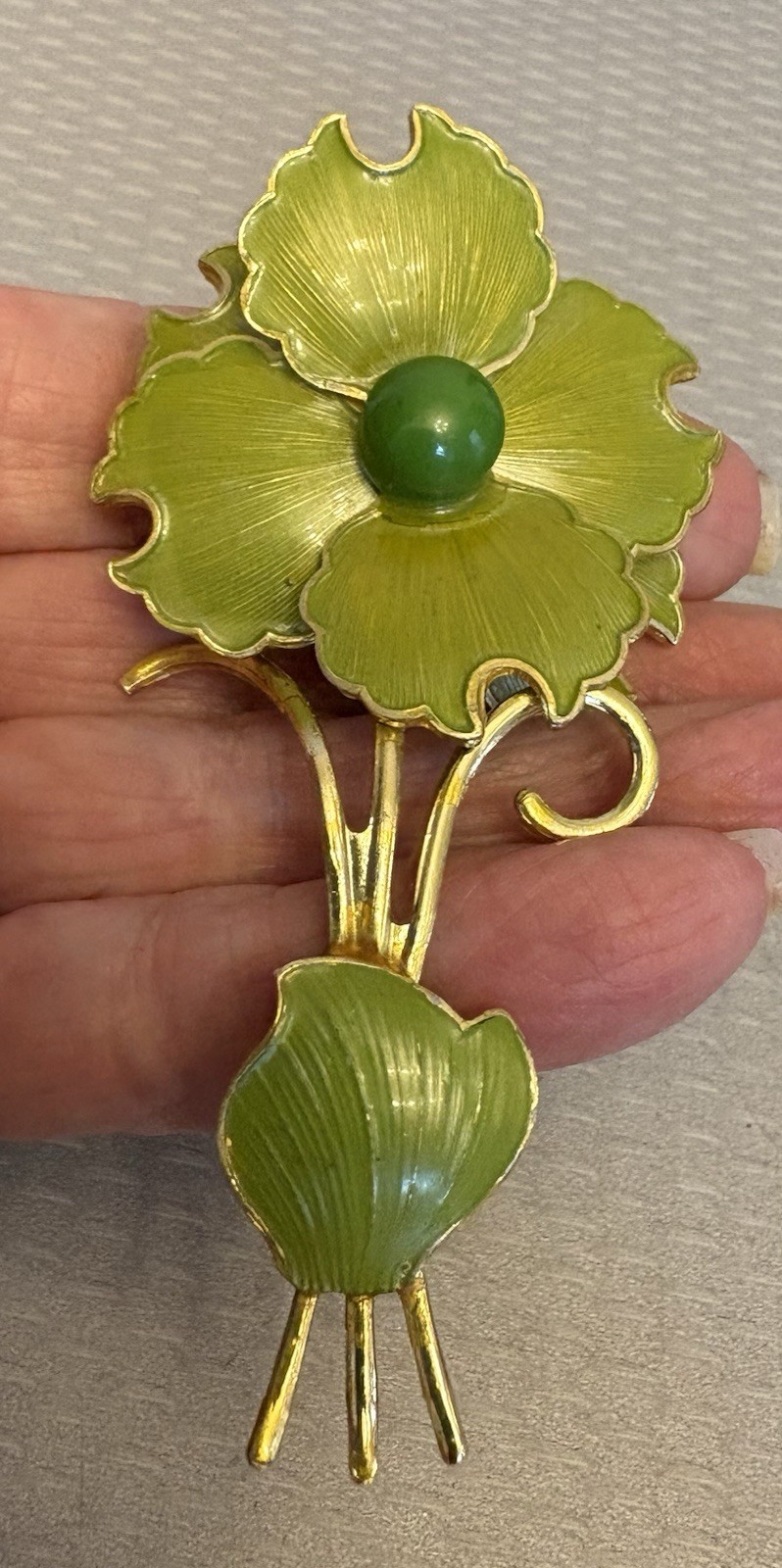 60s vintage Lime Green Enamel Flower Power Brooch Pin Mod Pop Layered W Germany