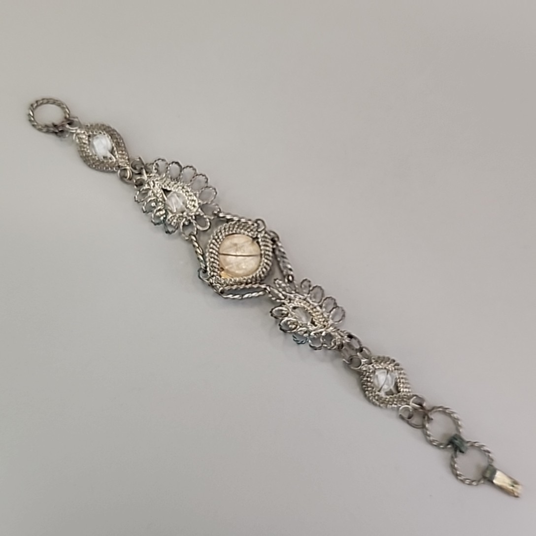 Vintage Mexican Wire Wrapped Bracelet Silver Plated Cannetille Blue Glass 6.5″