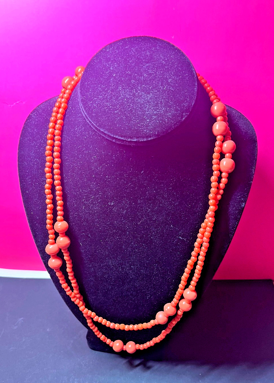 Long Faux Salmon Colored Coral Bead Neclace 48″