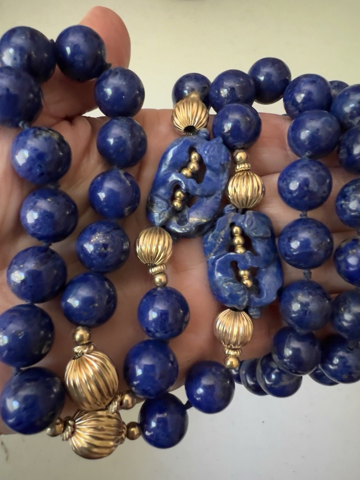 Vintage Lapis Lazuli and 14K Beads Hand Knotted 30” Necklace With Figural Beads