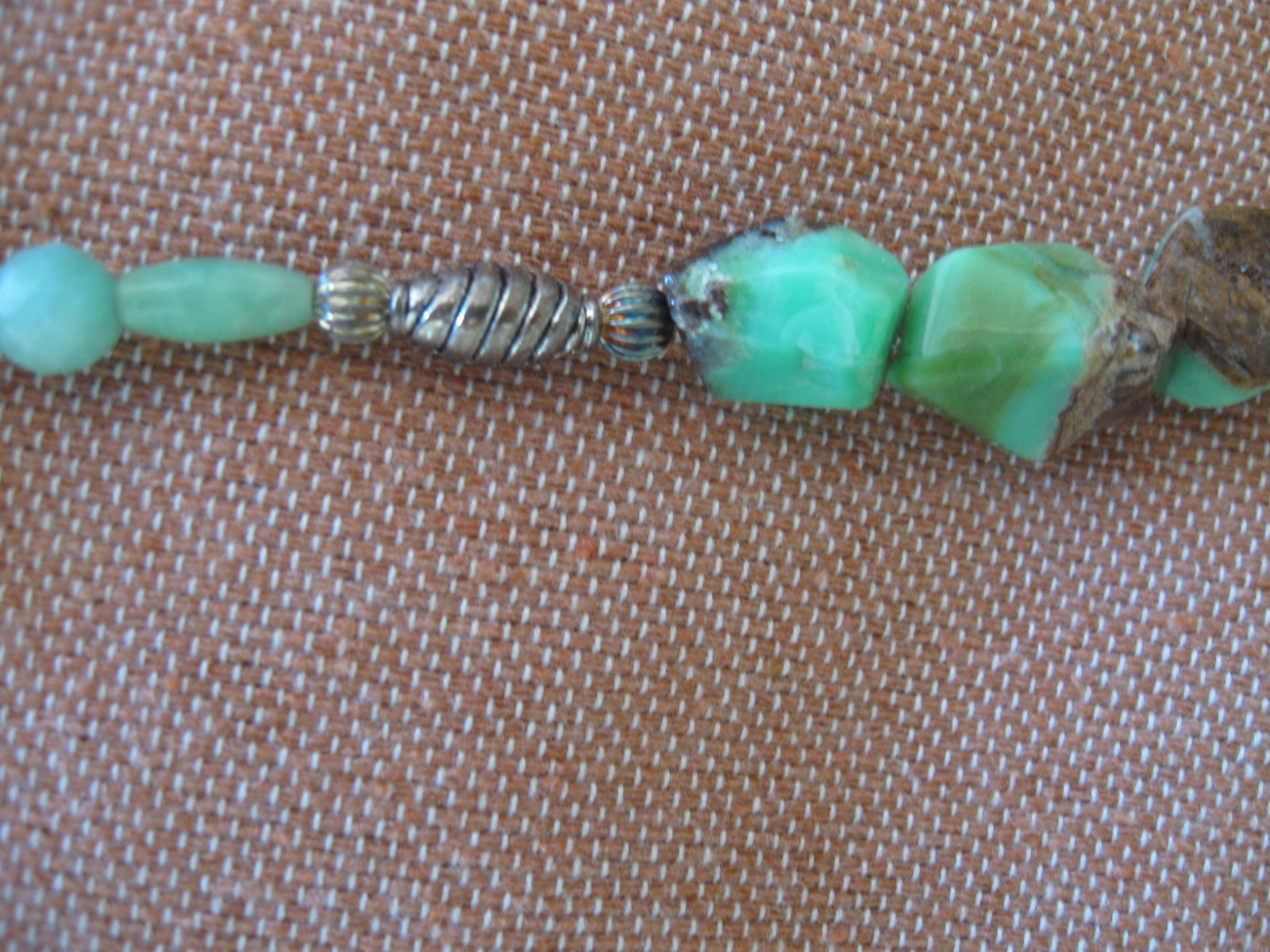 Vintage 32″ Jade & Natural Green Chalcedony Pendent/Silver Beads & Toggle Clasp