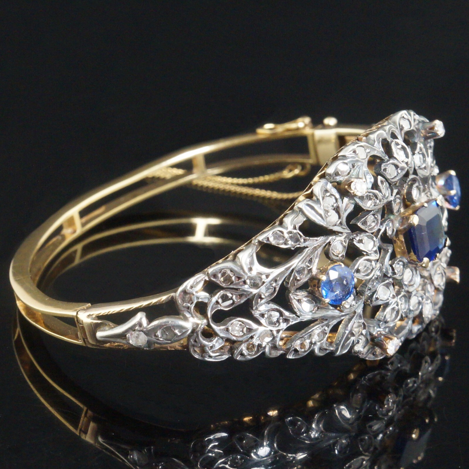 c1880 Solid 18K Yellow Gold, Silver, Rose Cut Diamond & Sapphire Bangle Bracelet