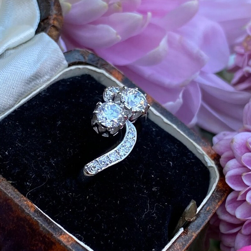 1 Ctw White Round CZ Victorian Two Stone Crossover Toi et Moi Ring In 925 Silver