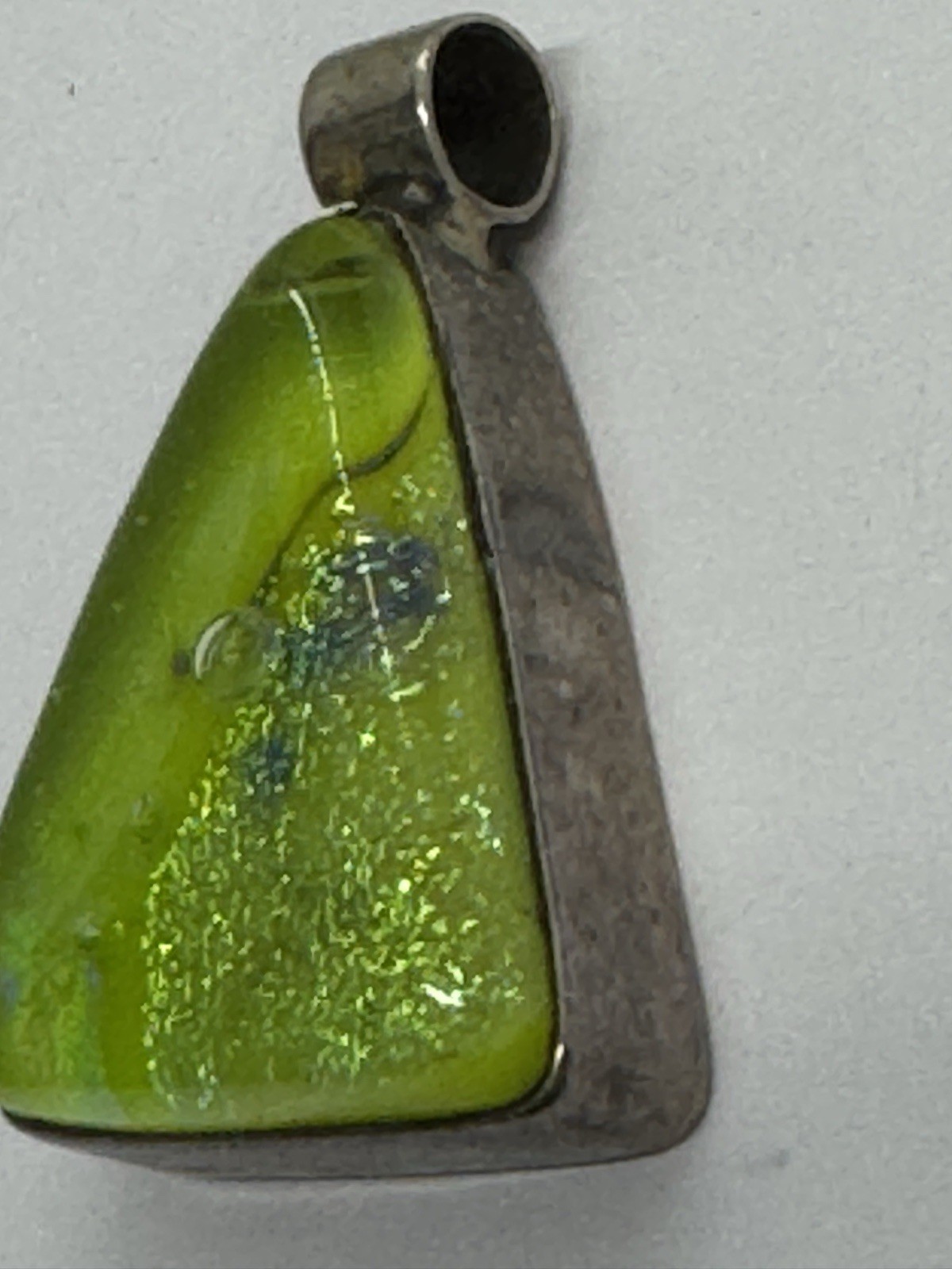 Sterling Silver Fused Lime Green Glass Pendant Triangle 1 1/4″