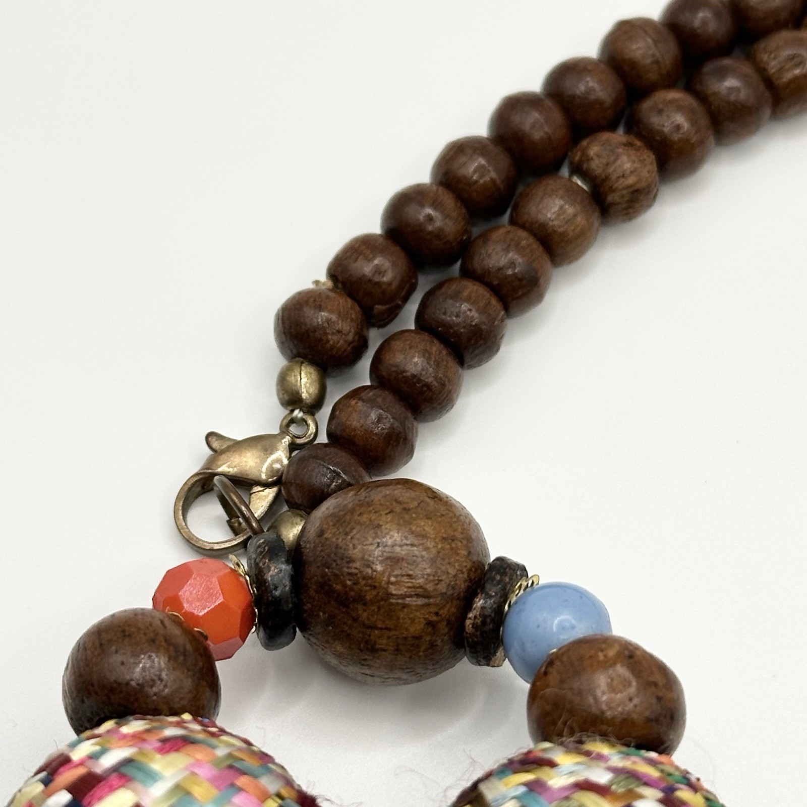 Vintage Multi-Color Boho Wood Statement Necklace Woven Bead 37”
