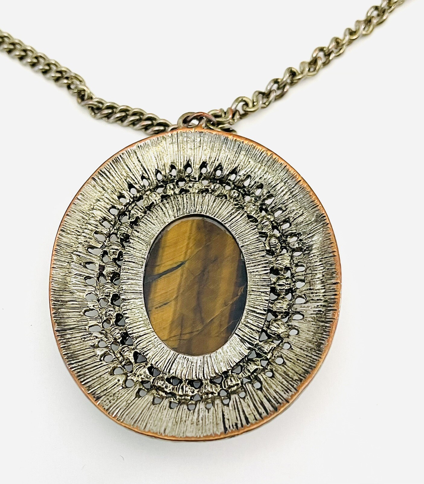 Tiger’s Eye Cabochon Oval Medallion Green Rhinestones Silver Tone Necklace 36”