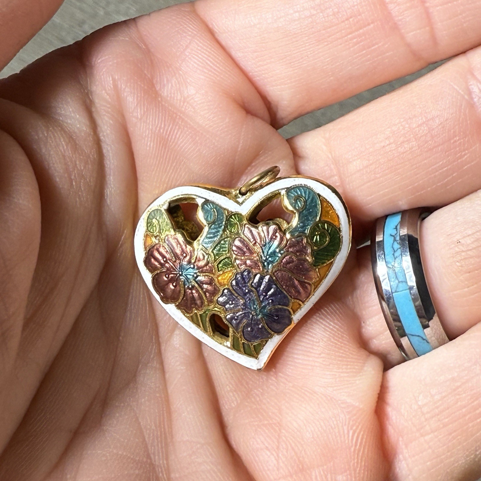 Vintage White Cloisonne Enamel Floral Puff Heart Pendant Double Sided