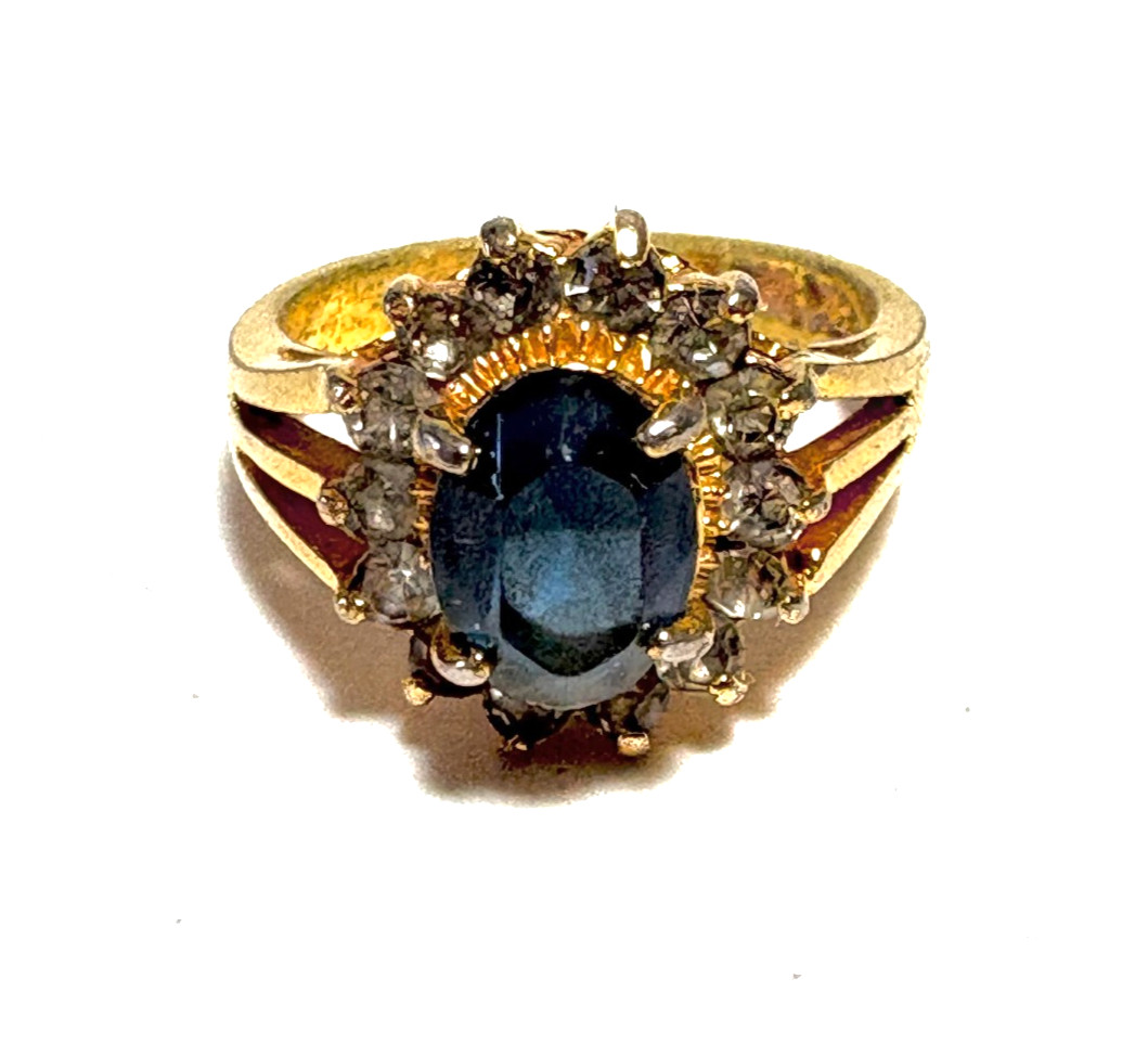 VINTAGE 18K ? RAJ YELLOW GOLD PLATED RING, BLUE STONE W/ CLEAR STONES, SIZE 5