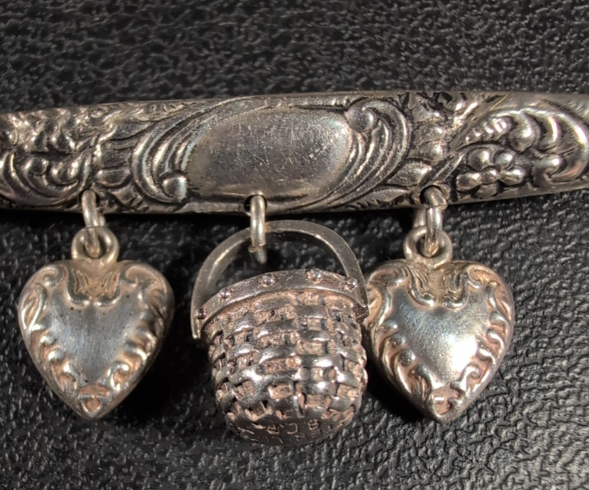Bar Brooch Flowers &Scroll Design – Hearts and Basket Dangles – Sterling – Vtg