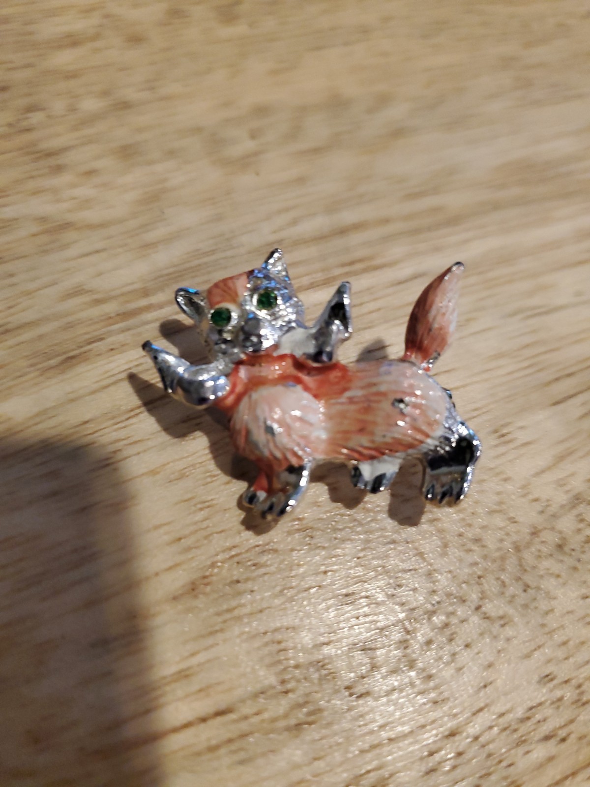 Vintage Kitty Cat Pin with pink body and Emerald Rhinestones Eyes