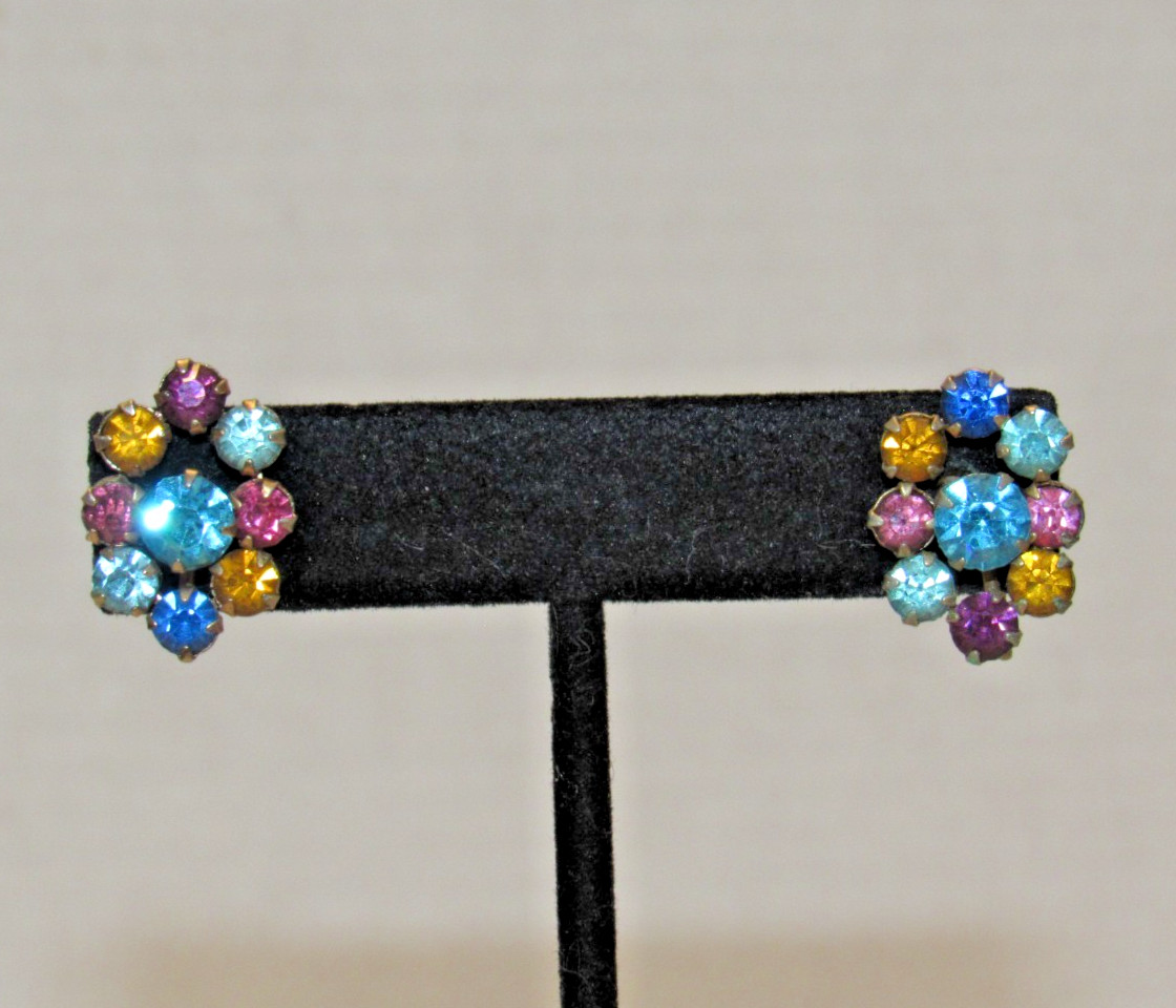 Colorful Vintage Rhinestone Earrings Twist Back Clip On Old Money Quiet Luxury