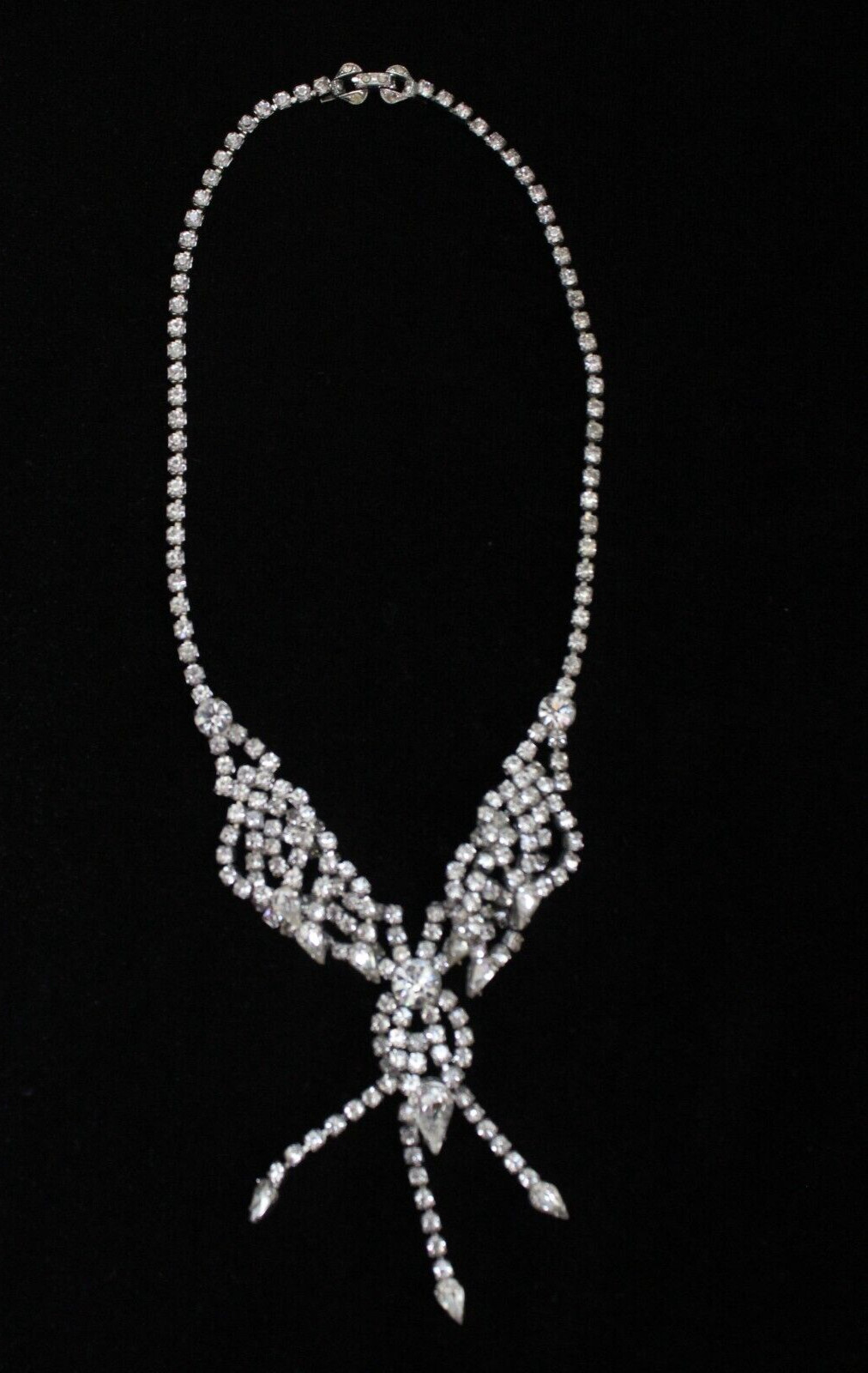 Vintage Clear Rhinestone Layered Dangling Fringe Choker Necklace 15 1/2″