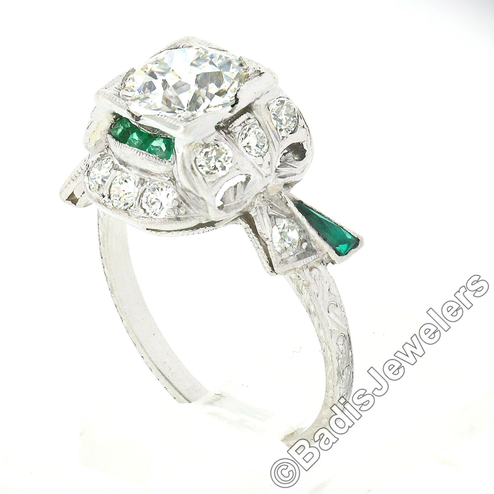 Antique Art Deco Platinum Old European Diamond & Emerald Ribbon Engagement Ring