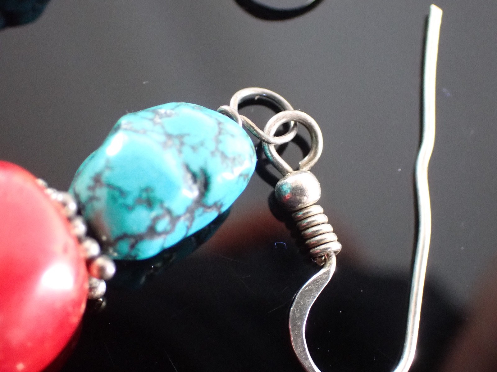 Vintage Sterling Drop Earrings Red Bead & Turquoise Matrix Stones Artisan