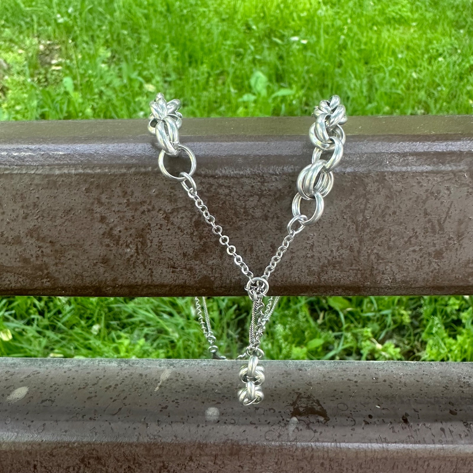 Vintage Italian Sterling Silver Lariat Double Link Rolo Chain Statement Necklace