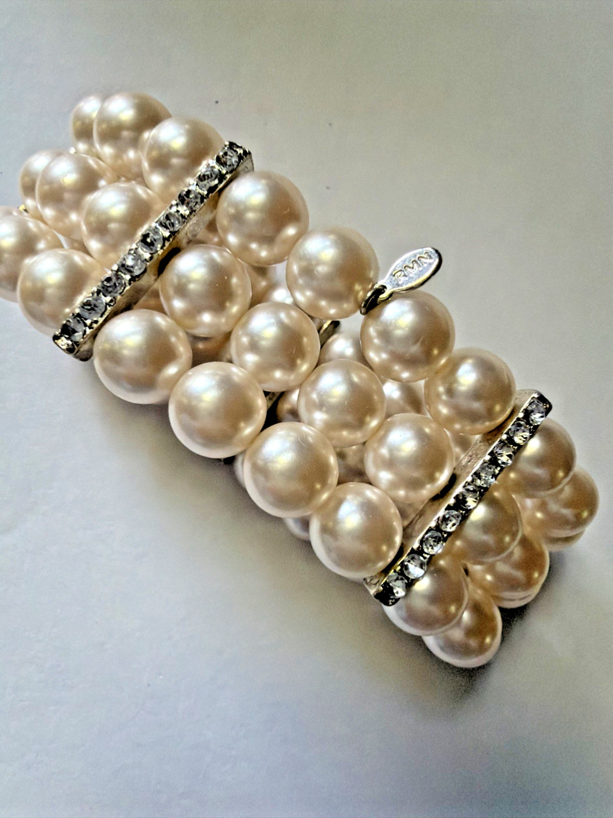 3 Strand Faux 1cm Pearl Rhinestone Stretch Bracelet RMN Signed Roman 1.25 in