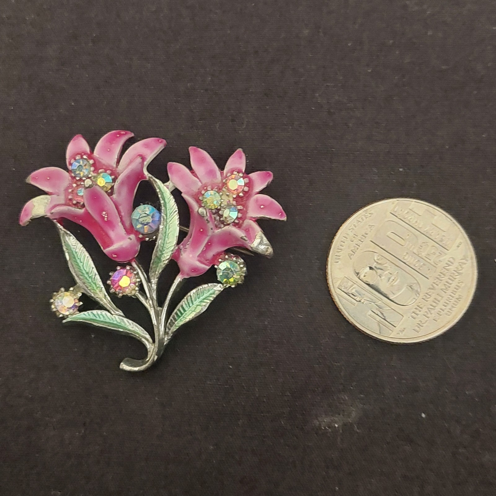 Vintage British Pink Green Guilloche Enamel Lily Rhinestones Flower Brooch