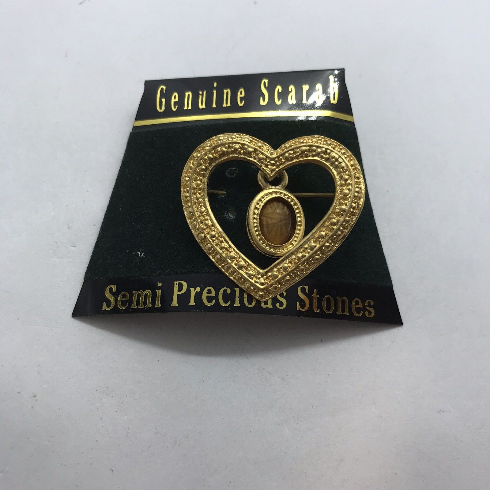 Vintage Heart Pin Brooch 90s Genuine Carved Scarab Semi Precious Stone
