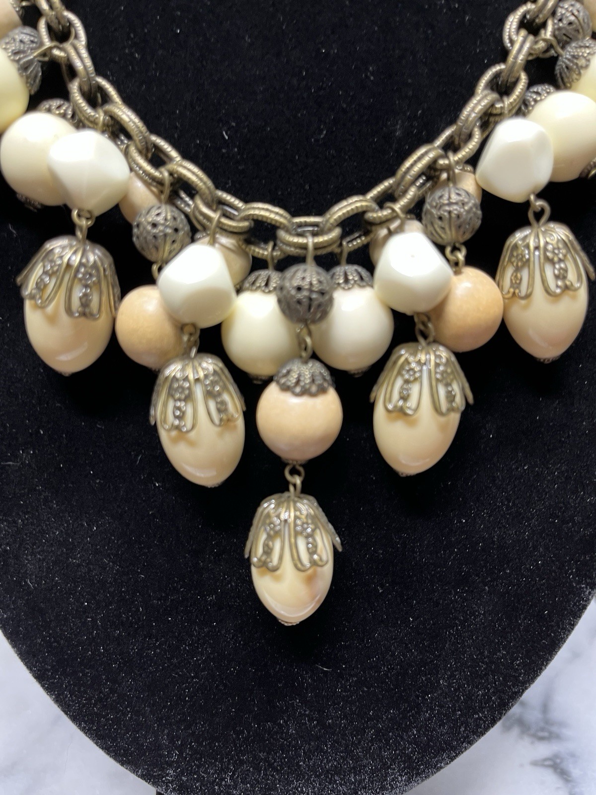 Vtg Bronze Tone Vanilla Beaded 19″ Statement Necklace by Gerard Yosca Boho Lux