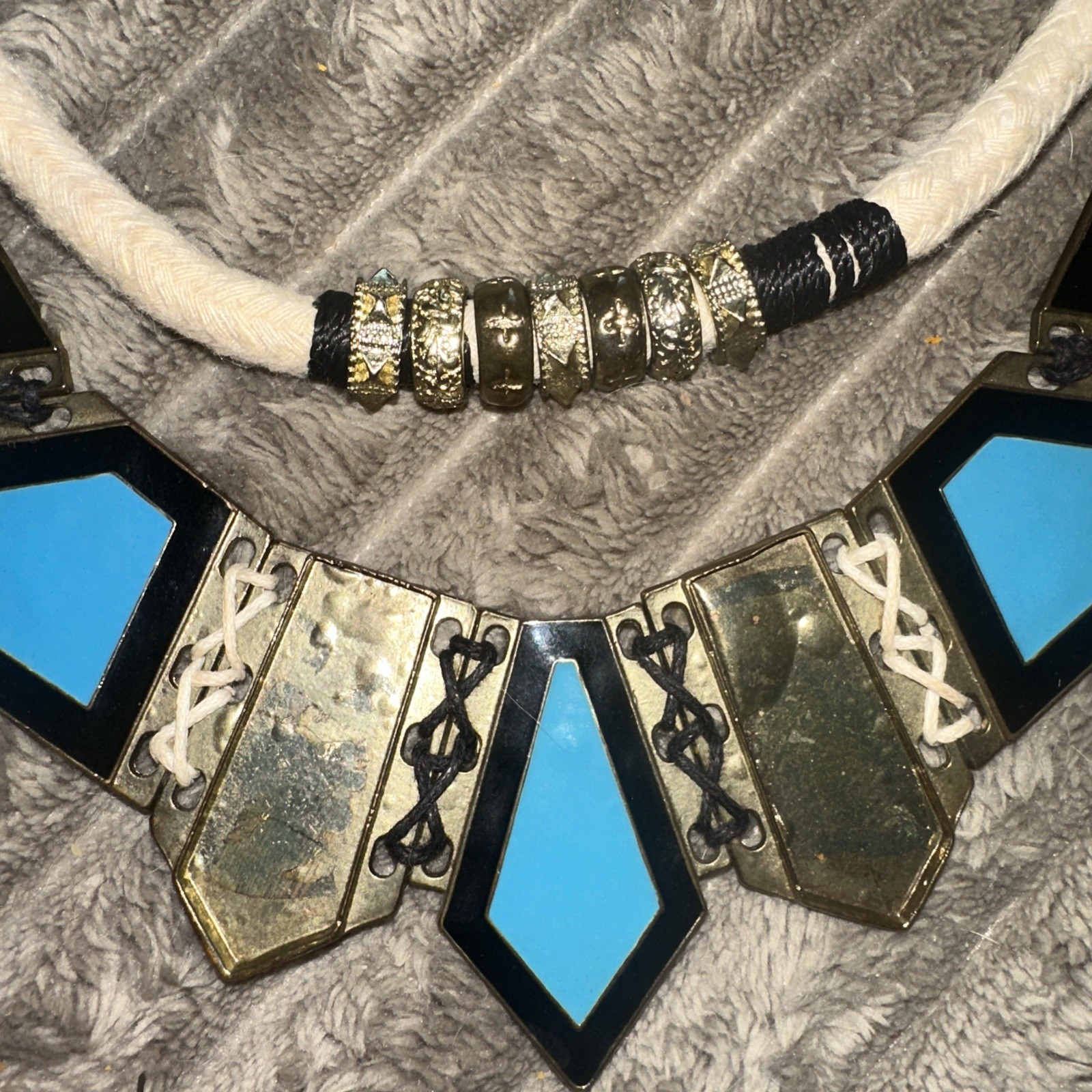 Turquoise And Gold Colored Metal Necklace With Rope Chain Handmade Vintage
