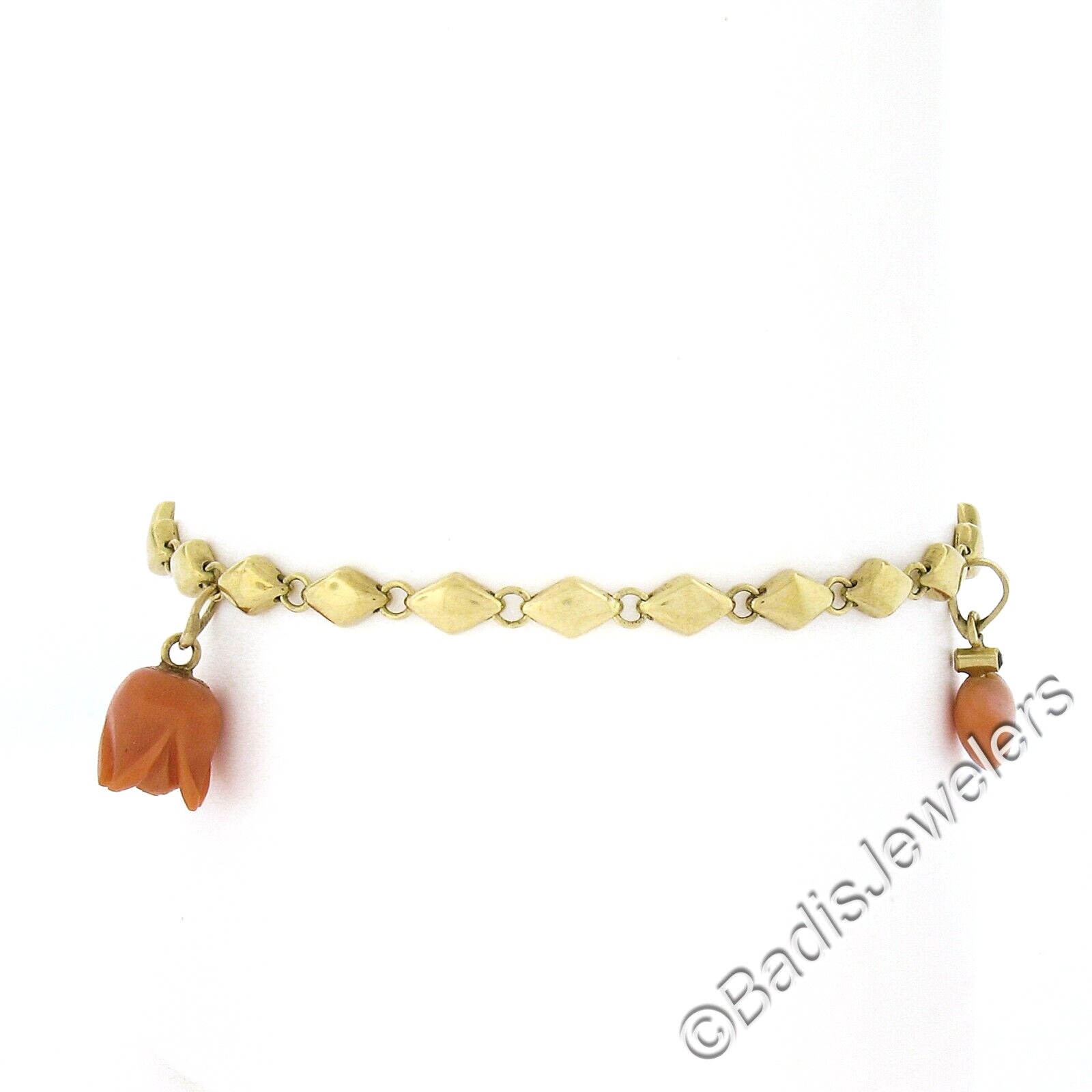 Vintage 14k Gold 6.75″ Lozenge Shaped Link Bracelet w/ Coral Rose & Heart Charms