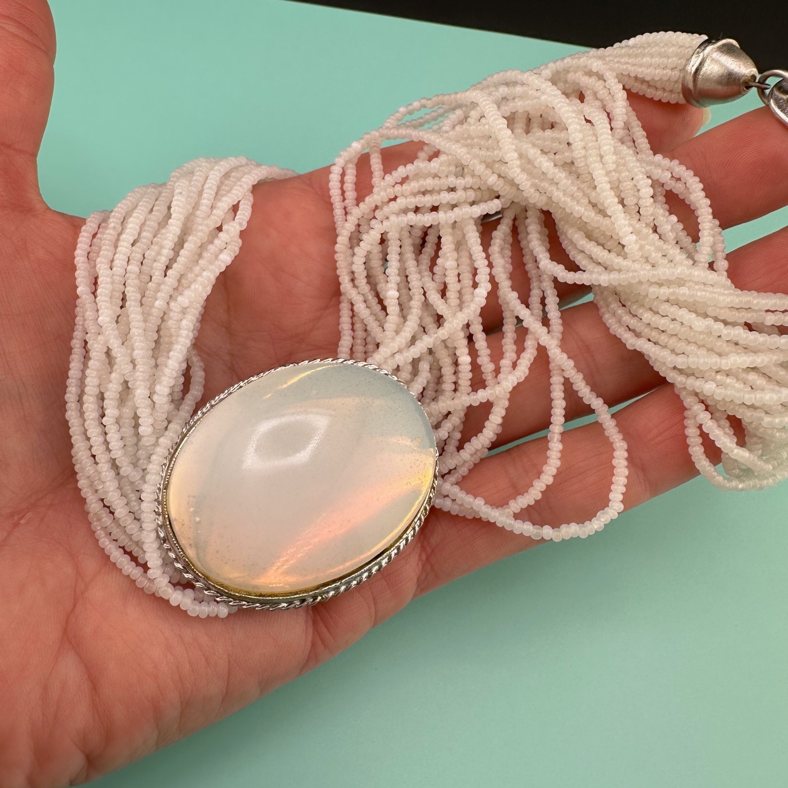 Vintage Seed Bead Opalite Necklace Multi Strand Large Oval Station Pendant 17″