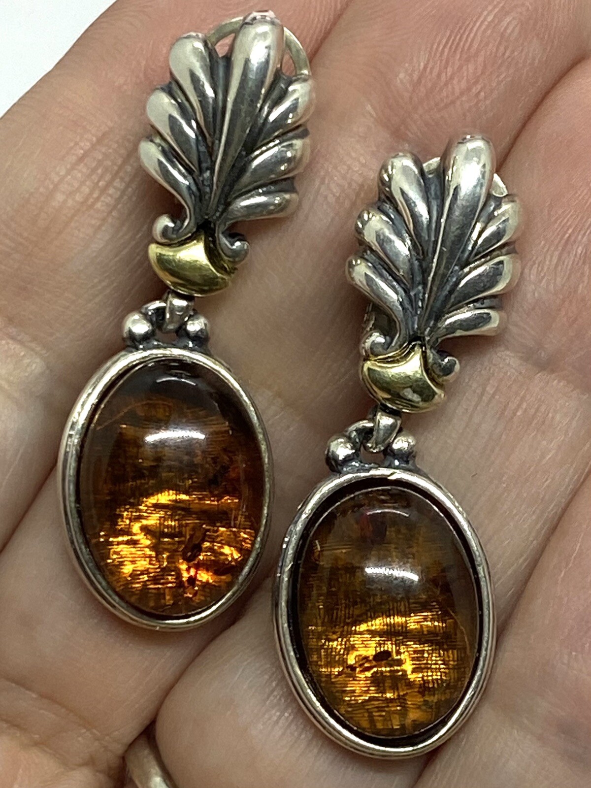 Vintage Italy Signed M Sterling Silver Amber Clip On Earrings 14.03g