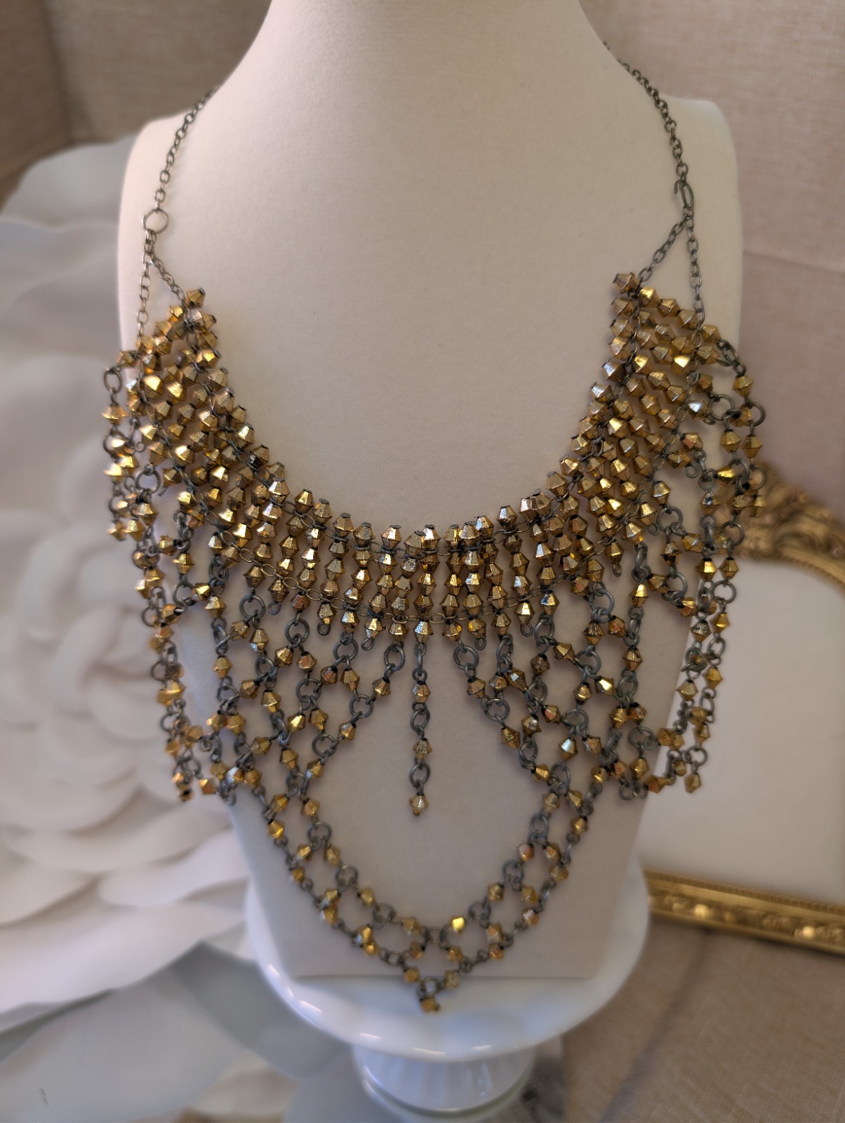 Vintage Couture Statement Bib Necklace 33.35g Gold Faceted Beads Fringe Chain