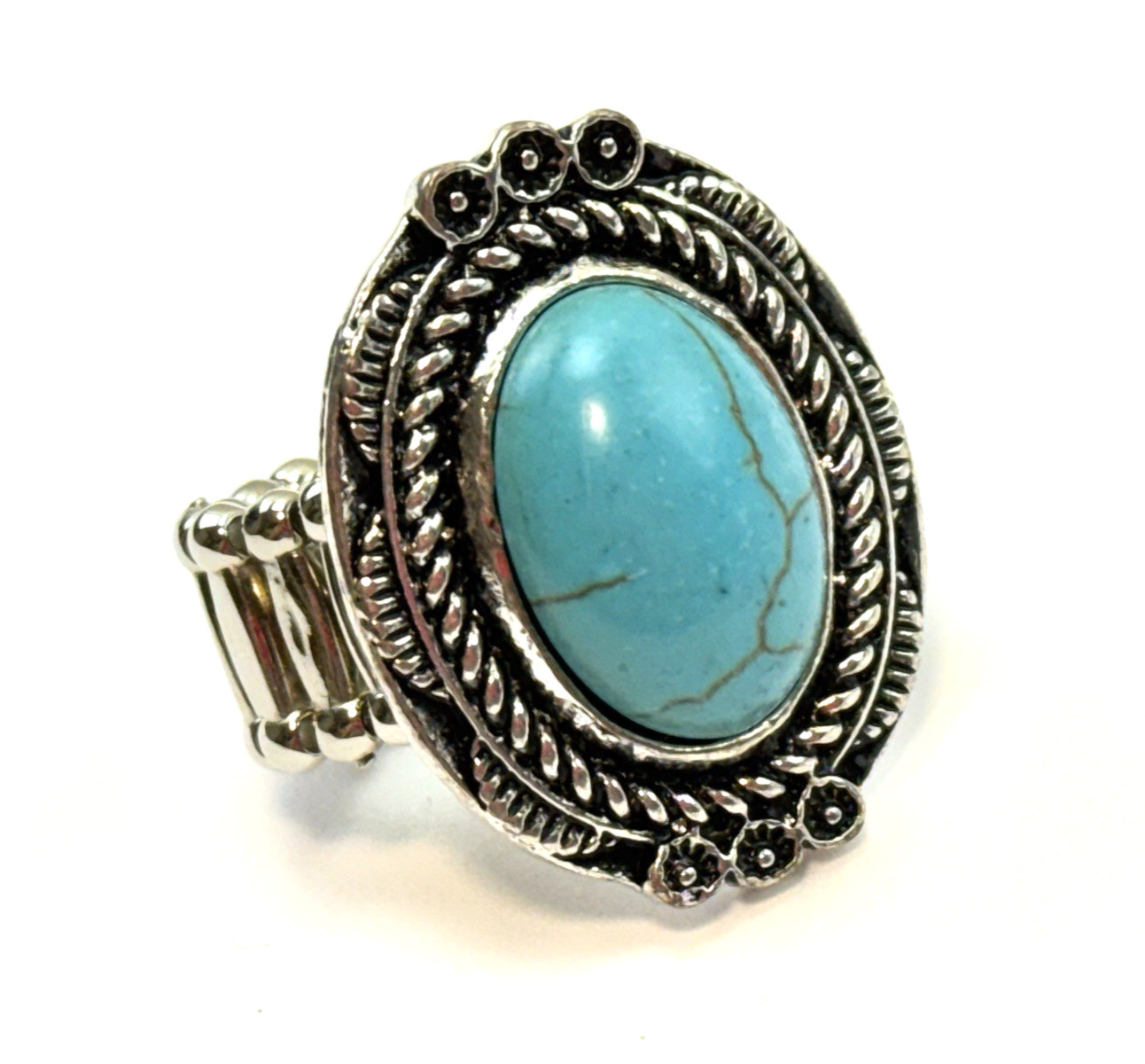 Vintage Blue Faux Turquoise Stretch Band Ring Silver Tone Cocktail Size 8