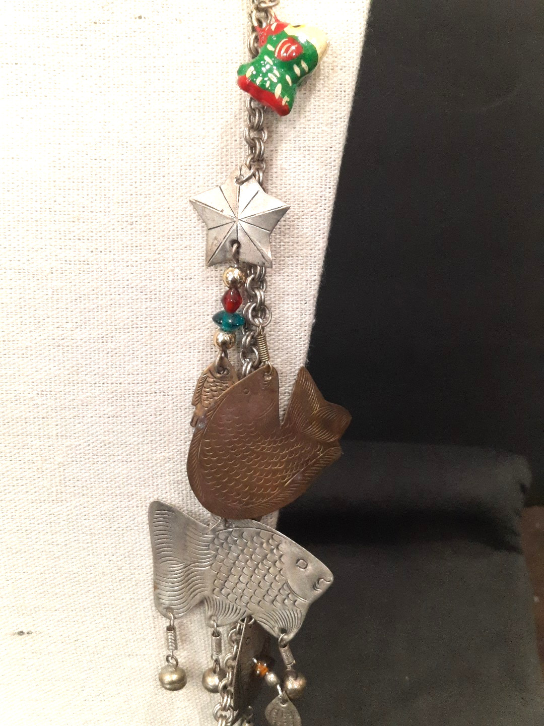 Vintage Eclectic Charm Necklace Fish Star Beads Mixed Metal 28” Long