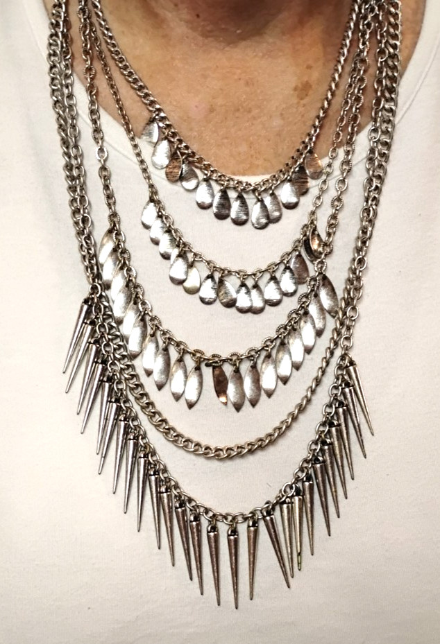 Vintage Silver Tone Fringe Spike Multi-Layered Necklace 16″-20″ with extender