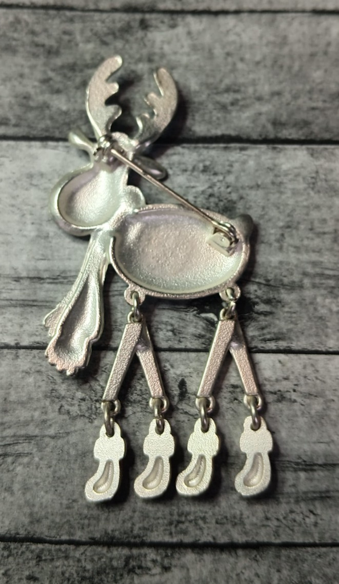 Vintage Leg Dangling Sparkling Enamel Pewter Tone Christmas Reindeer Pin Brooch