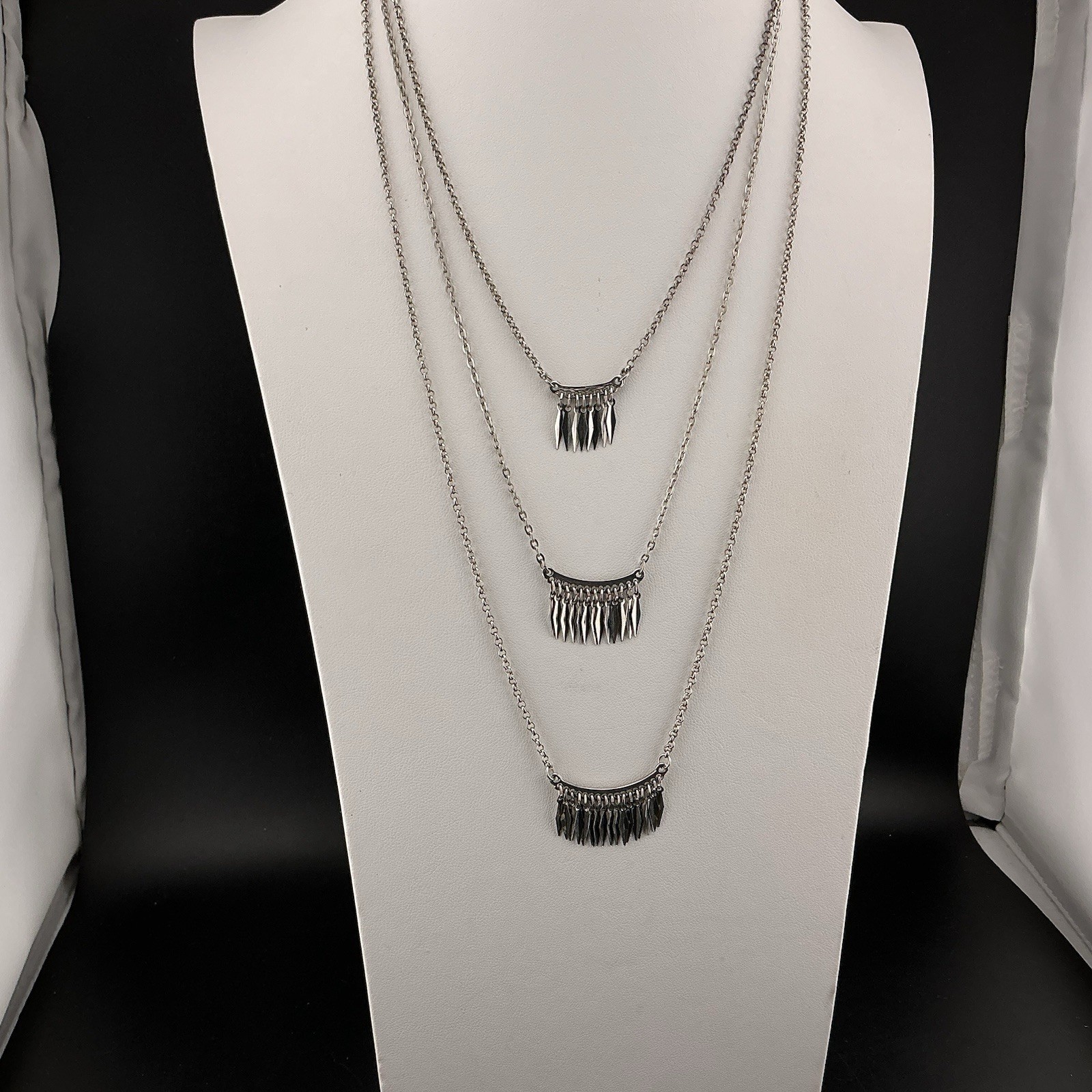 Vtg Necklace Tiered SilverT Metal Fringe 3 Strand Boho Chic Fashion Trend 18-21”
