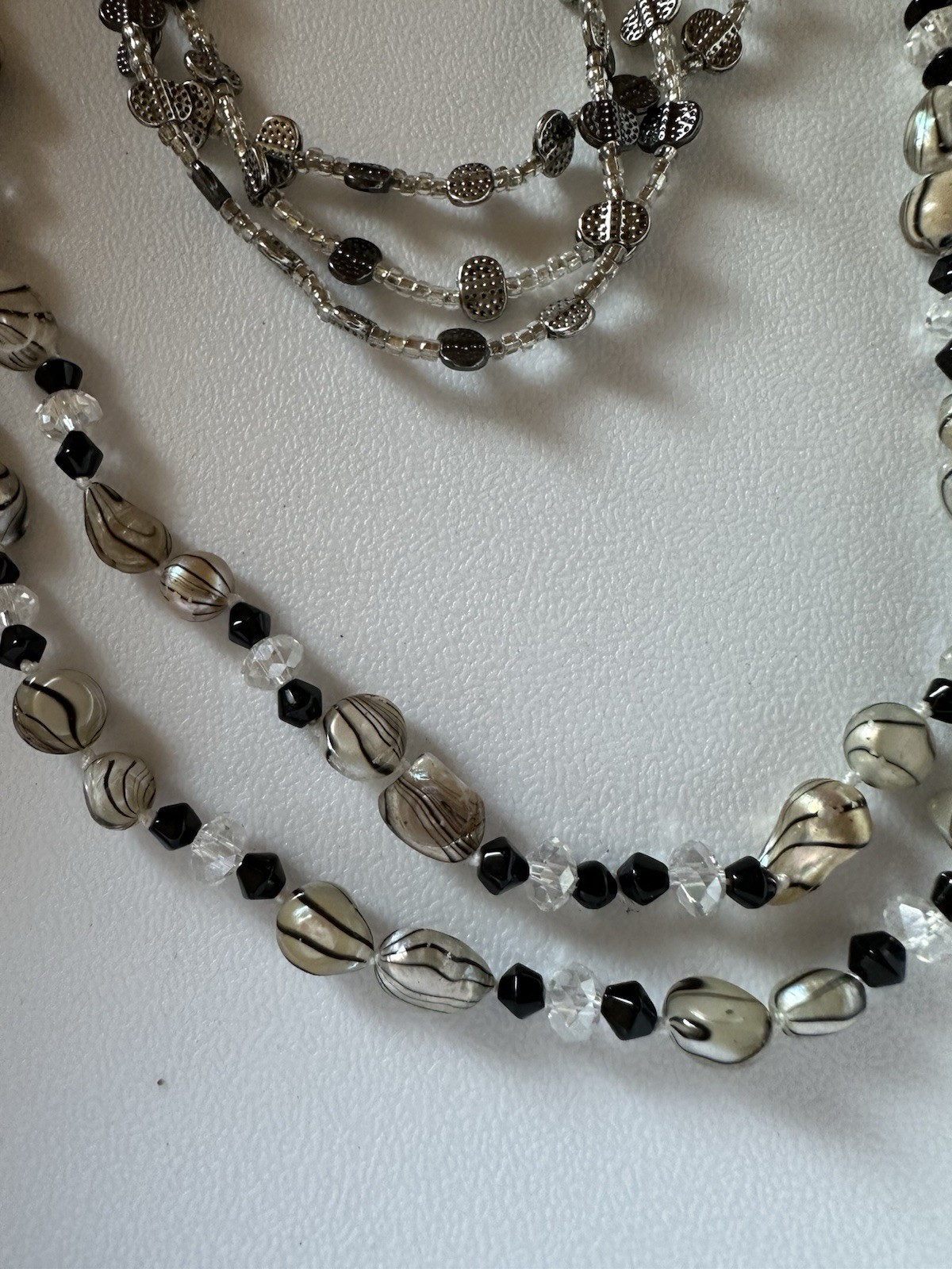 Vintage Black And Silver Glass Beaded Necklace 58” And 4 Stretch Bracelets