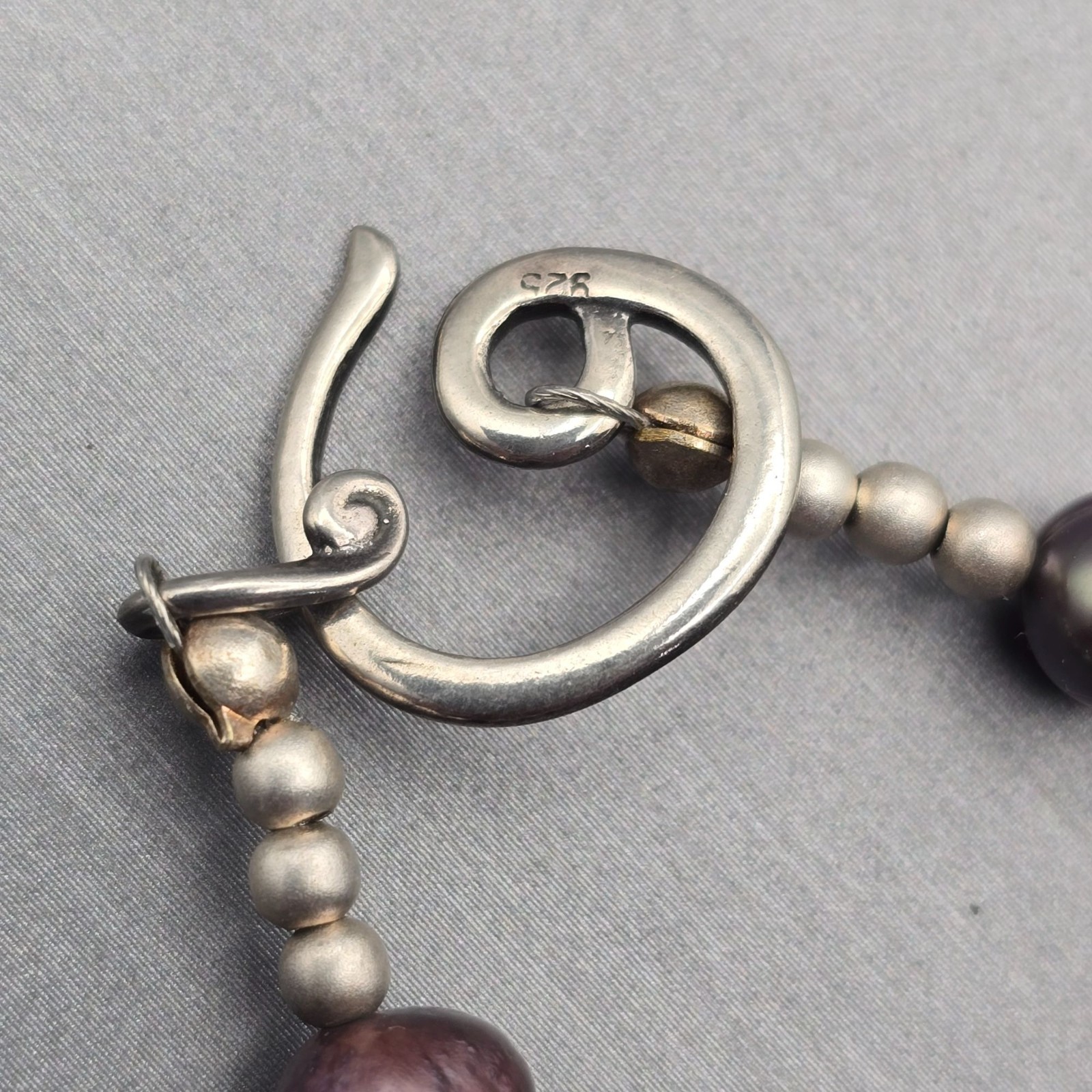 VTG Peacock Baroque Pearl Purple Agate Pendant Sterling Silver Necklace 16″