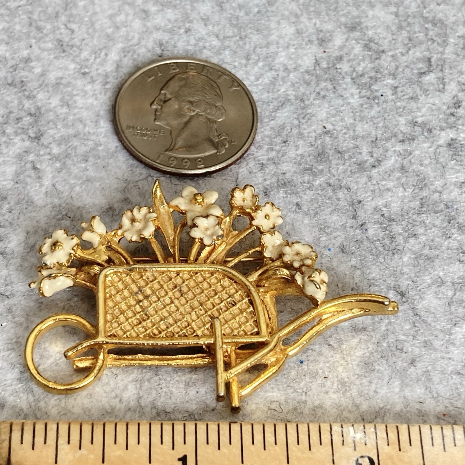 VTG Flower Basket & Wheelbarrow Brooch Lot of 2 Faux Pearls Enamel 1928 Brand