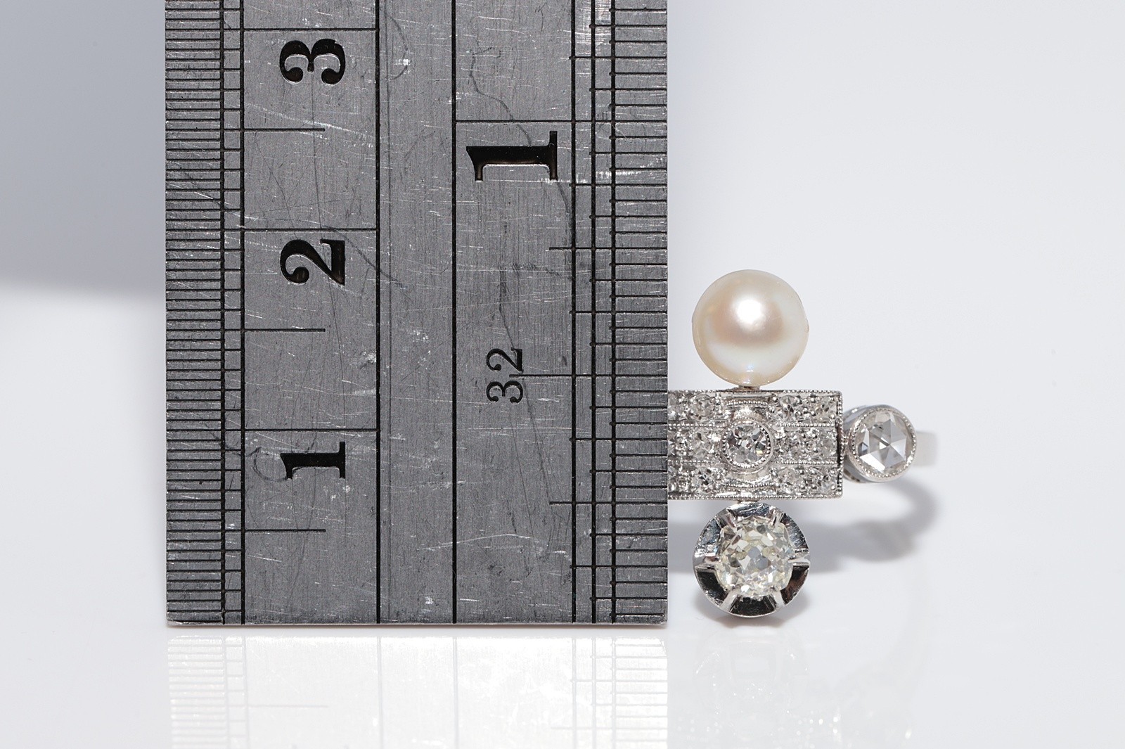 Antique Circa 1920s Platinum Art Deco Natural Diamond And Pearl Decorated Ring