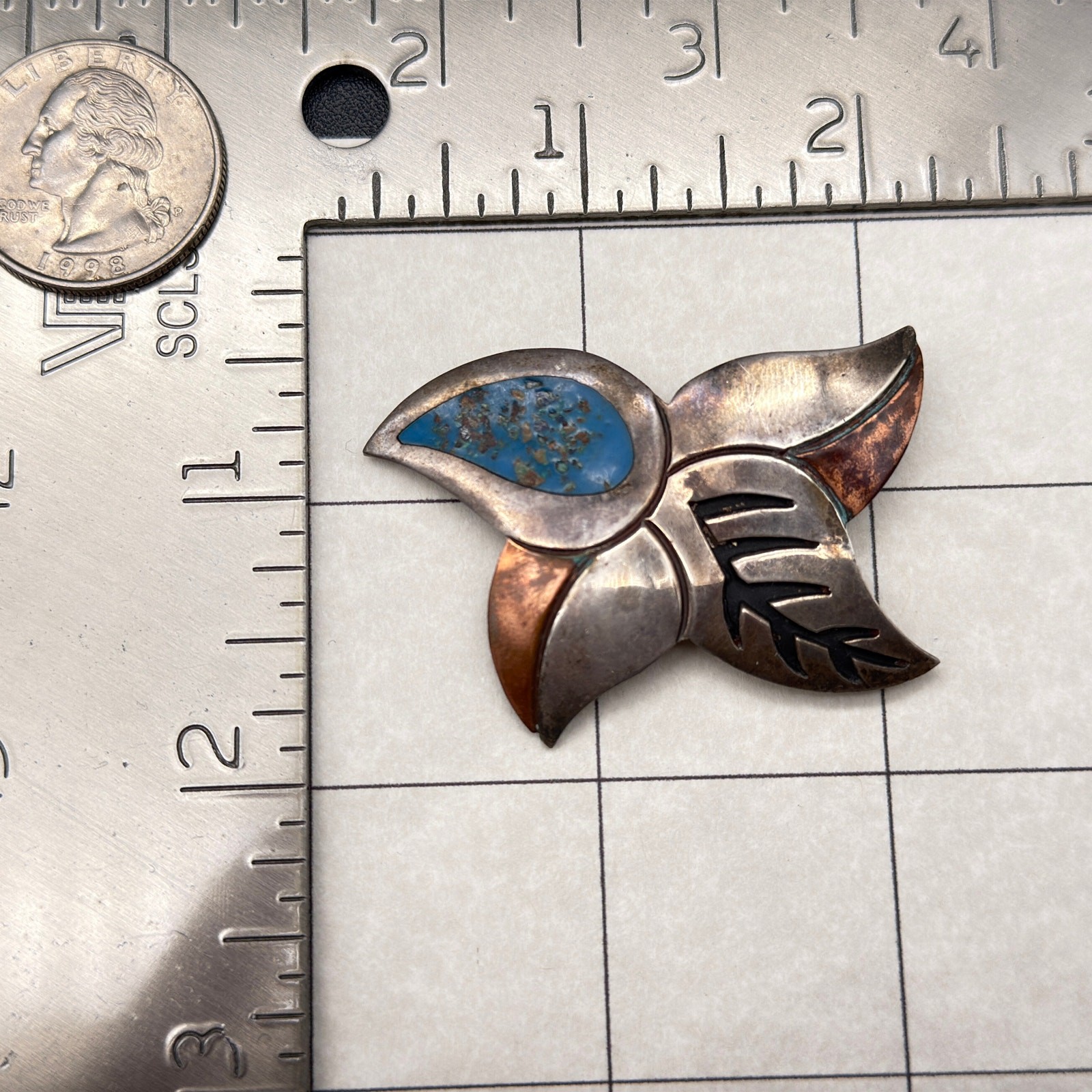 Vintage Modernist Mixed Metal Leaf Sterling Silver Pin Brooch