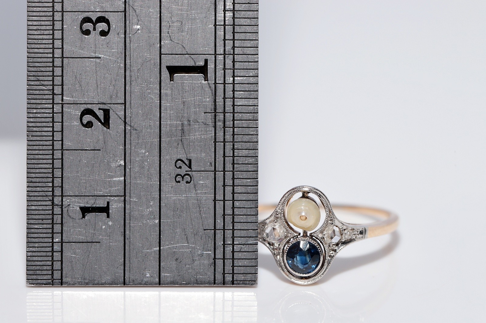 Antique Circa 1920s 14k Gold Natural Rose Cut Diamond And Sapphire Pearl Ring