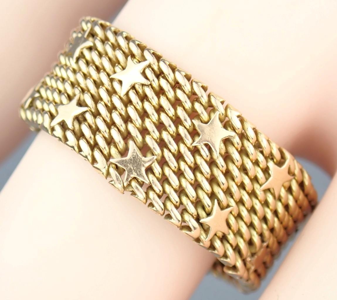 Fine Vintage Italian Solid 18K Gold Floating Stars Celestial Woven Mesh Ring 11