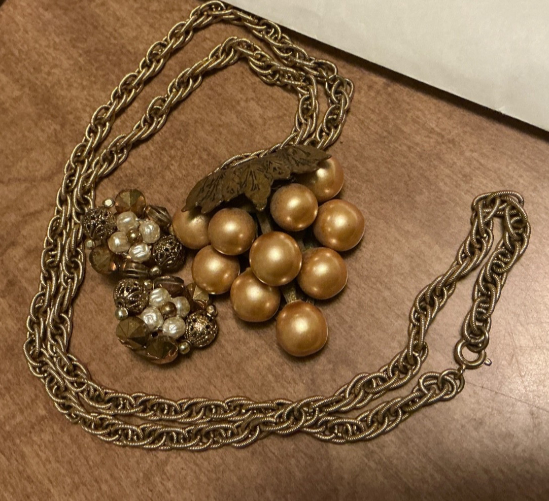 Vintage Gold Tone grape cluster necklace on 30” chain plus clip on earrings