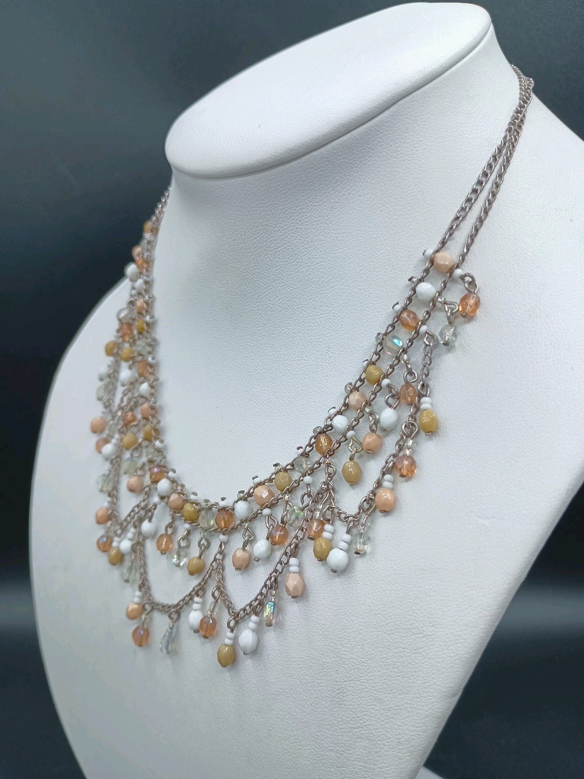 Art Deco Revival Necklace Festoon Gothic Fringe Bead Bib AB Fall Silver Tone 16″