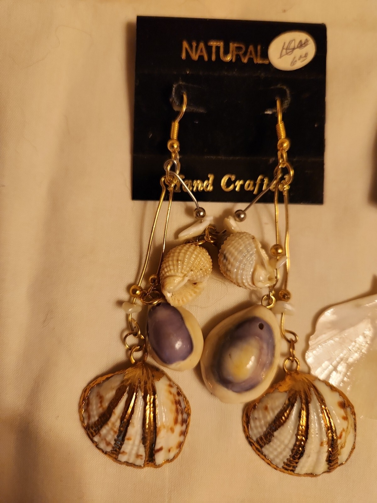 Vtg Sea shell pendant gold trim foil natural estate Lot 4″Dangle Earring Jewelry