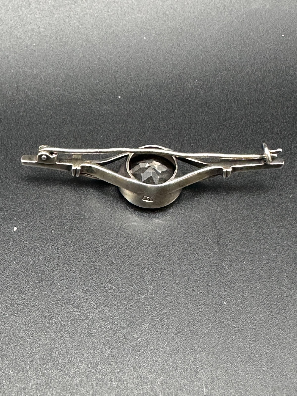 Vintage Russian Sterling Silver Bar Brooch with Clear Faceted Stone – c.1930s