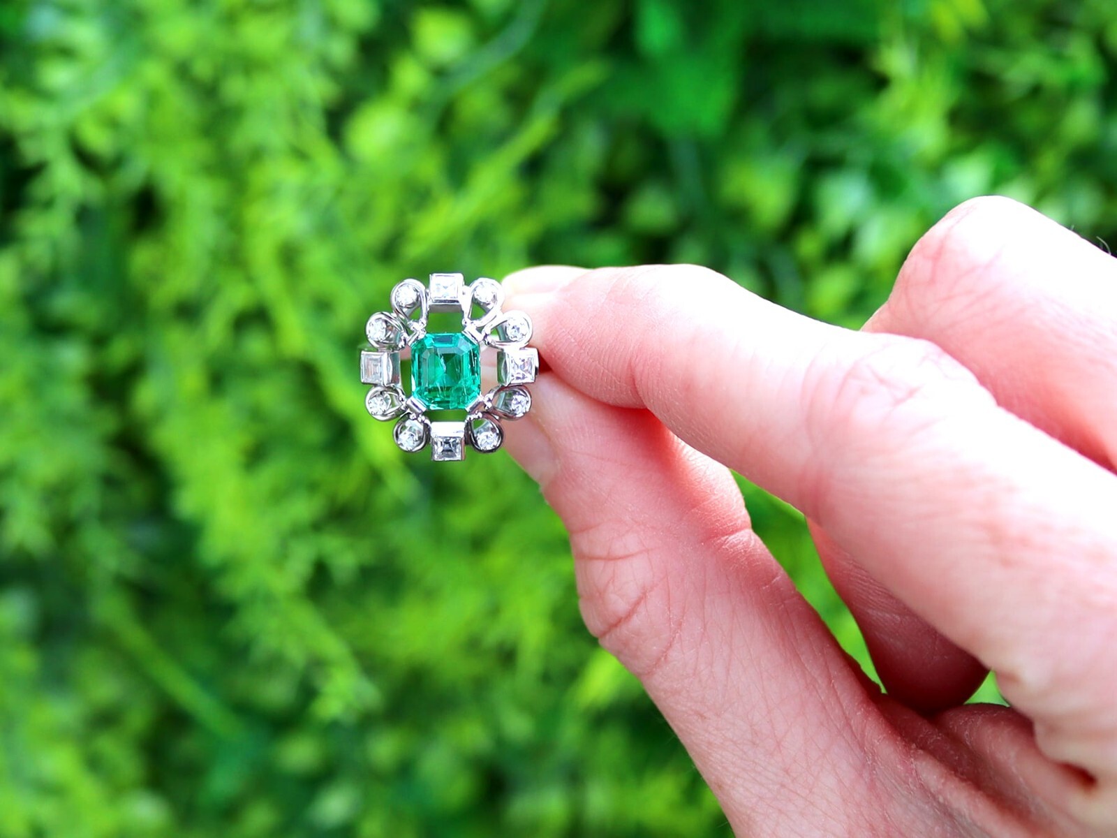 0.99Ct Colombian Emerald and 0.35Ct Diamond, 18k White Gold Ring Circa 1925